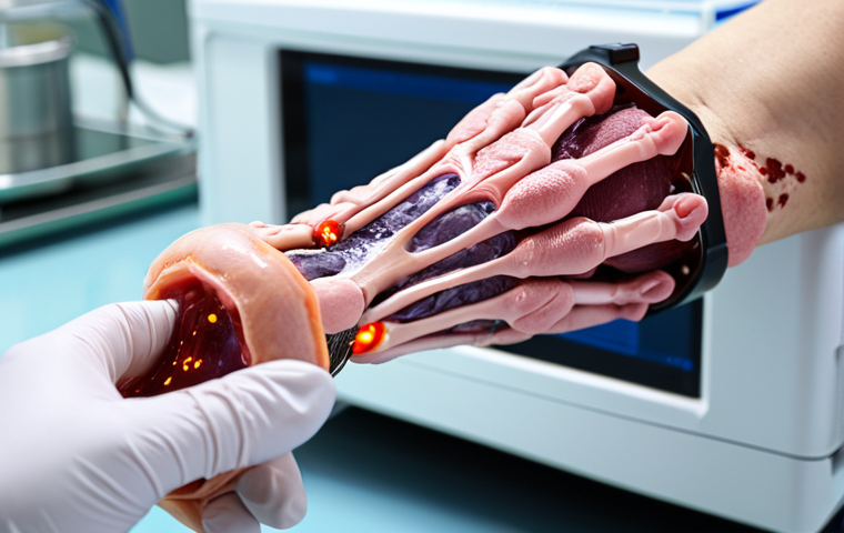 **
A close-up shot of a robotic bioprinting arm depositing a layer of skin cells onto a burn wound. The skin cells are vibrant and healthy, contrasting with the damaged tissue around the wound. The background is a sterile, high-tech laboratory setting. Focus on the precision and delicacy of the bioprinting process, highlighting the potential for reduced scarring and faster healing. Emphasize hope and innovation.
**