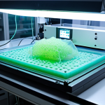 **Image Prompt 1: The Bioprinting Revolution in Action**
    A highly advanced, futuristic 3D bioprinter in a sterile, glowing laboratory environment. The printer is in the process of precisely depositing intricate layers of "bio-ink" – a viscous, translucent substance containing visible, glowing cells – onto a scaffold, forming a complex tissue structure. Emphasize the extreme precision and minute detail of the process, perhaps with microscopic views subtly integrated or implied. The atmosphere should be one of scientific innovation and controlled creation, blending organic elements with sleek, high-tech machinery. Focus on bright, clean lighting, with a slight blue or green luminescence emanating from the bio-ink or the printed tissue, symbolizing life and technology.