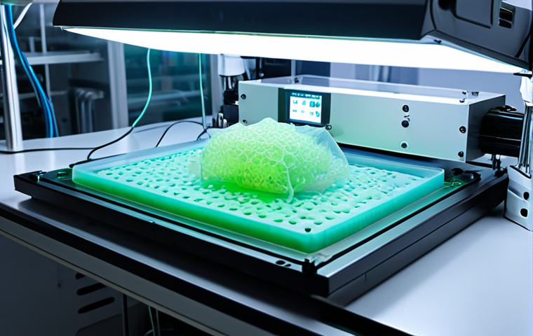 **Image Prompt 1: The Bioprinting Revolution in Action**
A highly advanced, futuristic 3D bioprinter in a sterile, glowing laboratory environment. The printer is in the process of precisely depositing intricate layers of "bio-ink" – a viscous, translucent substance containing visible, glowing cells – onto a scaffold, forming a complex tissue structure. Emphasize the extreme precision and minute detail of the process, perhaps with microscopic views subtly integrated or implied. The atmosphere should be one of scientific innovation and controlled creation, blending organic elements with sleek, high-tech machinery. Focus on bright, clean lighting, with a slight blue or green luminescence emanating from the bio-ink or the printed tissue, symbolizing life and technology.