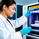 A professional biomedical engineer, fully clothed in a clean lab coat, meticulously operating an advanced bioprinter in a pristine, futuristic laboratory. The bioprinter features intricate nozzles precisely depositing layers of bio-ink onto a scaffold, with a subtle, glowing three-dimensional tissue structure taking shape. The scene emphasizes precision and cutting-edge technology. The lighting is bright and sterile, highlighting the sophisticated equipment. Perfect anatomy, correct proportions, natural pose, well-formed hands, proper finger count, natural body proportions, modest clothing, appropriate attire, professional dress, safe for work, appropriate content, family-friendly, high-quality photograph, ultra-detailed, sharp focus.