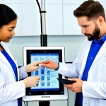 A diverse group of professional bioprinting researchers in clean lab coats, fully clothed, are meticulously calibrating a state-of-the-art 3D bioprinter in a brightly lit, sterile laboratory. They are reviewing standardized protocol documents on a digital tablet, demonstrating a collaborative approach to quality control. The image conveys precision and shared methodology. Perfect anatomy, correct proportions, natural pose, well-formed hands, proper finger count, natural body proportions. Safe for work, appropriate content, fully clothed, professional, modest clothing, high quality professional photography, sharp focus.