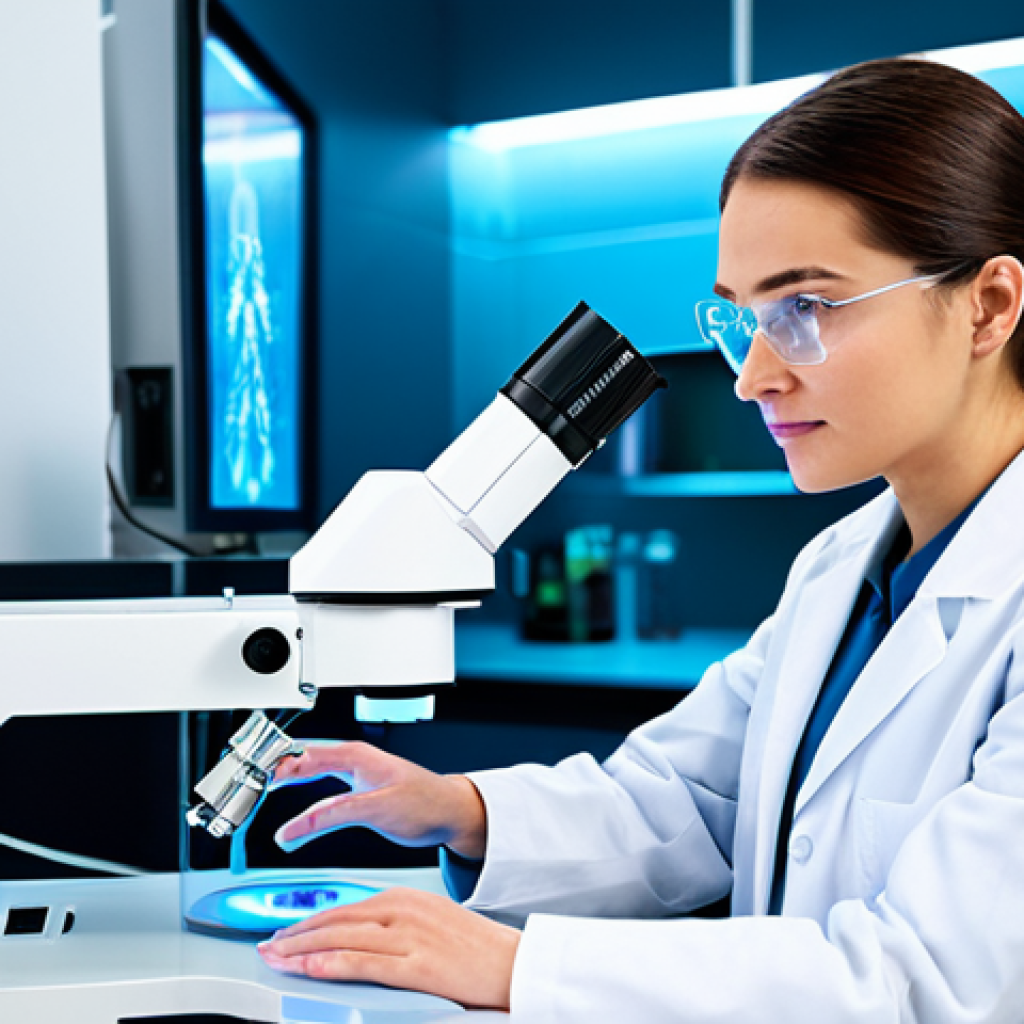A focused female scientist, fully clothed in a professional lab coat over modest attire, meticulously observing a sophisticated bioprinter in a state-of-the-art laboratory. The lab is brightly lit with clean surfaces, featuring advanced scientific equipment and glowing holographic displays showcasing intricate 3D tissue models. The scientist has perfect anatomy, correct proportions, and a natural, professional pose. The image should convey precision, innovation, and cutting-edge research. Professional photography, high quality, safe for work, appropriate content, family-friendly.