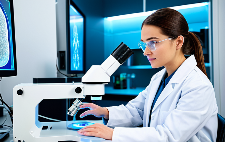 A focused female scientist, fully clothed in a professional lab coat over modest attire, meticulously observing a sophisticated bioprinter in a state-of-the-art laboratory. The lab is brightly lit with clean surfaces, featuring advanced scientific equipment and glowing holographic displays showcasing intricate 3D tissue models. The scientist has perfect anatomy, correct proportions, and a natural, professional pose. The image should convey precision, innovation, and cutting-edge research. Professional photography, high quality, safe for work, appropriate content, family-friendly.