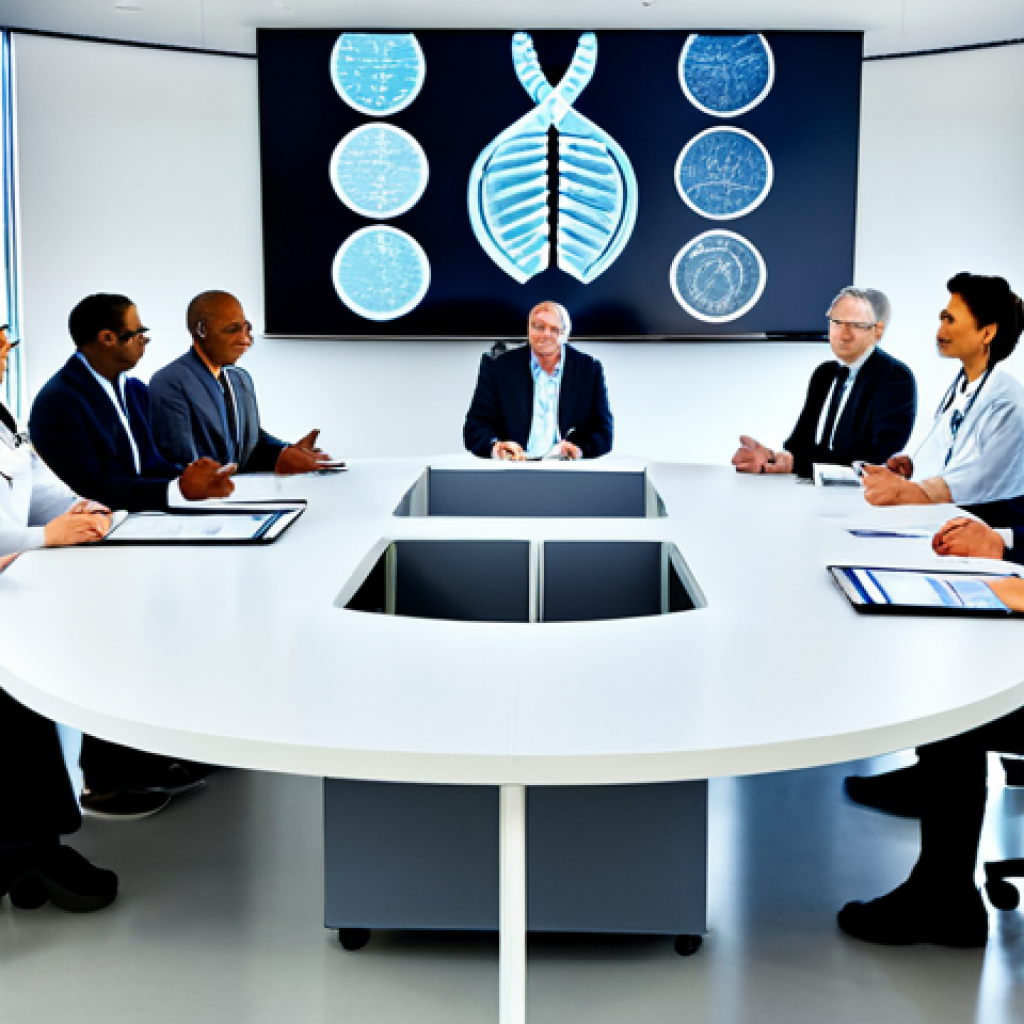 **

A diverse group of people (doctors, scientists, patients, ethicists) engaged in a round table discussion about bioprinting ethics. Modern conference room setting, large screen displaying a DNA strand graphic. Focus on collaboration and thoughtful debate. Appropriate attire, professional environment, safe for work, perfect anatomy, correct proportions, family-friendly.

**