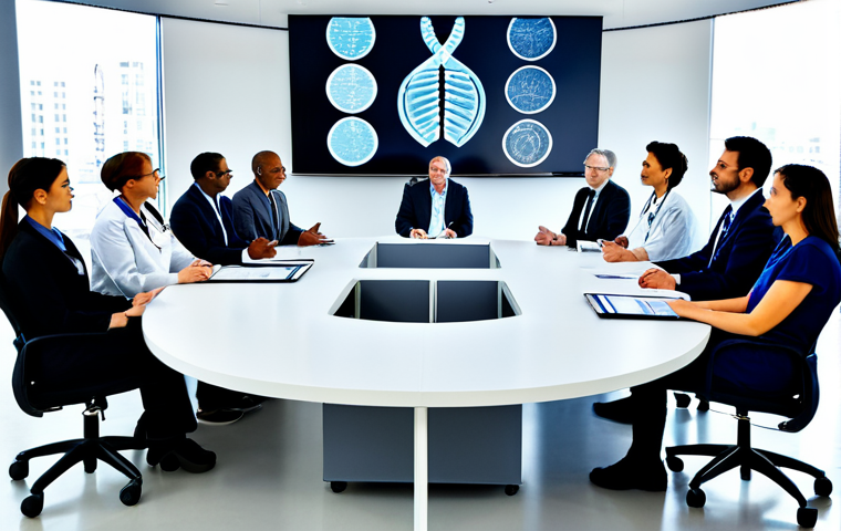**

A diverse group of people (doctors, scientists, patients, ethicists) engaged in a round table discussion about bioprinting ethics. Modern conference room setting, large screen displaying a DNA strand graphic. Focus on collaboration and thoughtful debate. Appropriate attire, professional environment, safe for work, perfect anatomy, correct proportions, family-friendly.

**
