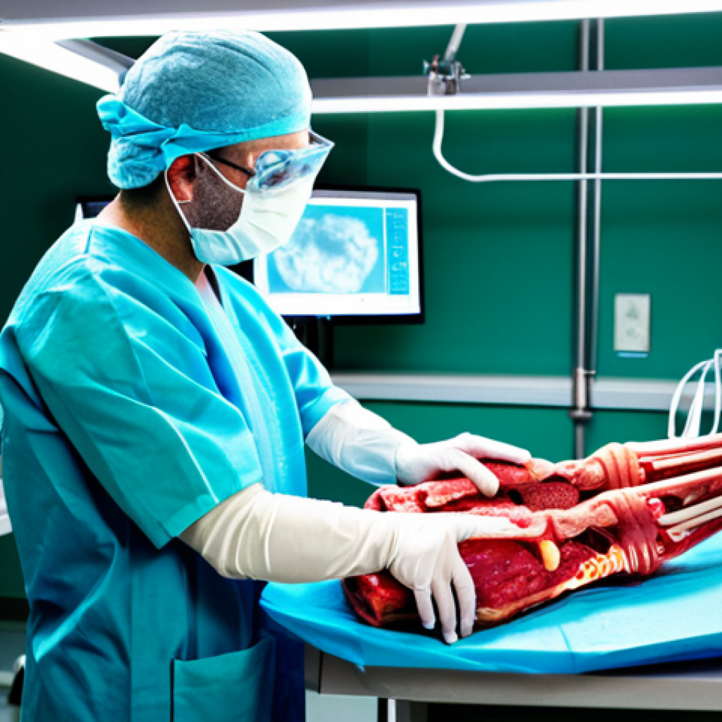 Bioprinted Bone Graft**

"A futuristic operating room. A surgeon carefully implants a customized, 3D bioprinted bone scaffold into a patient's fractured leg. The scaffold glows faintly, indicating cellular activity. High-tech medical equipment surrounds the scene. Perfect anatomy, correct proportions, safe for work, appropriate content, fully clothed, professional, medical illustration, detailed, realistic."

**