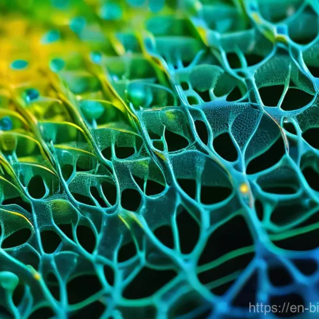 바이오프린팅을 위한 새로운 생체재료 개발 동향 - **Prompt:** "A highly detailed, artistic microscopic view of a vibrant bioprinted hydrogel scaffold....