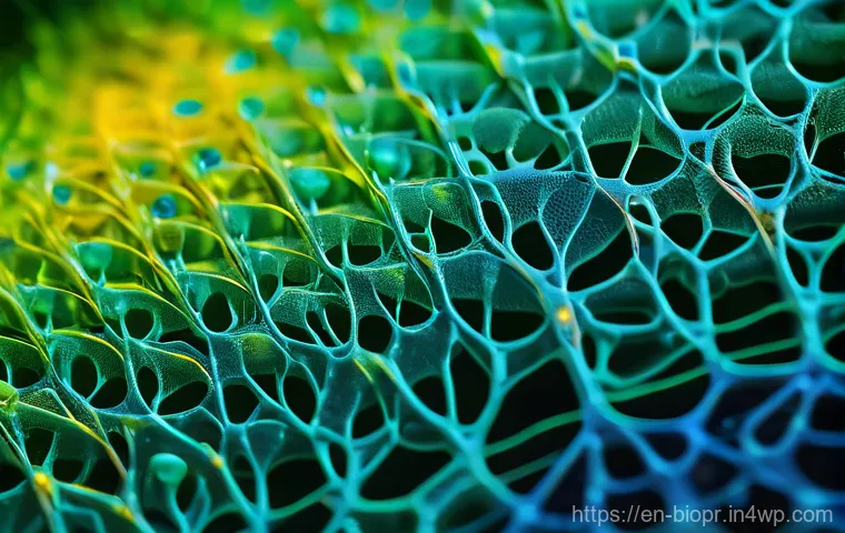 바이오프린팅을 위한 새로운 생체재료 개발 동향 - **Prompt:** "A highly detailed, artistic microscopic view of a vibrant bioprinted hydrogel scaffold....