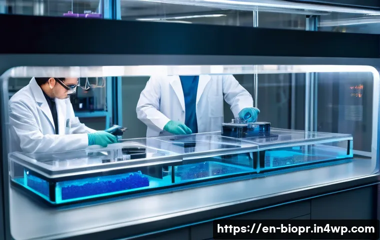 바이오프린팅의 실용적 적용을 위한 접근법 - A hyper-realistic, high-detail image of a cutting-edge 3D bioprinter in action within a pristine, fu...