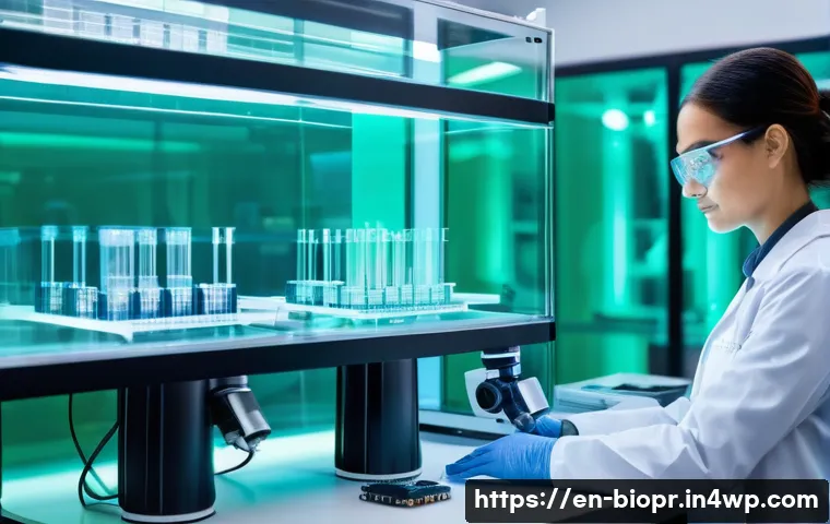 바이오프린팅 기술의 상용화 전망 - **Prompt:** A group of diverse scientists, both male and female, in a pristine, futuristic laborator...