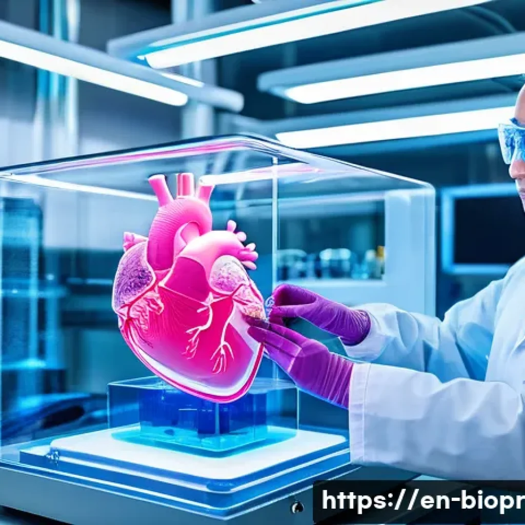 바이오프린팅을 통한 보건의료 접근성 향상 - A futuristic medical laboratory scene showcasing a high-tech bioprinter actively constructing a huma...