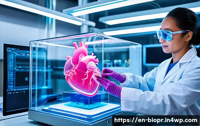 바이오프린팅을 통한 보건의료 접근성 향상 - A futuristic medical laboratory scene showcasing a high-tech bioprinter actively constructing a huma...
