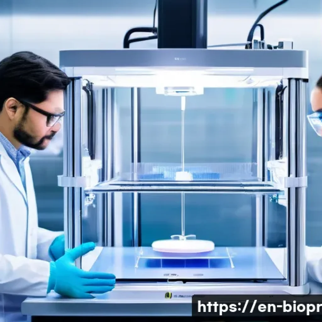 바이오프린팅의 경제적 분석 및 투자 전략 - A cutting-edge bioprinting laboratory showcasing a multi-material 3D bioprinter actively printing co...