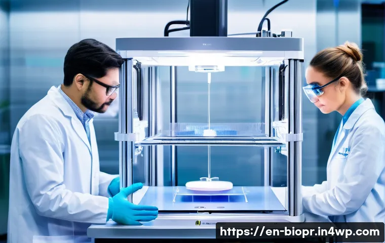 바이오프린팅의 경제적 분석 및 투자 전략 - A cutting-edge bioprinting laboratory showcasing a multi-material 3D bioprinter actively printing co...