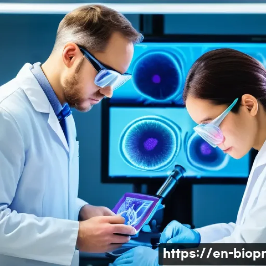 바이오프린팅의 혁신을 위한 협력 연구 - A futuristic interdisciplinary laboratory scene showing engineers, biologists, and medical professio...