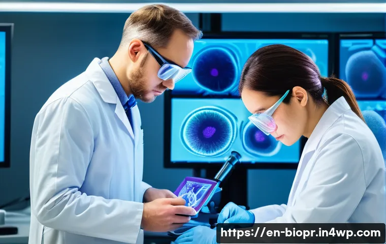 바이오프린팅의 혁신을 위한 협력 연구 - A futuristic interdisciplinary laboratory scene showing engineers, biologists, and medical professio...
