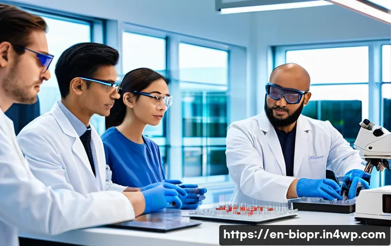 바이오프린팅 기술의 글로벌 협력 네트워크 - A high-tech international bioprinting research hub showcasing scientists from diverse ethnic backgro...