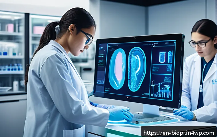 바이오프린팅을 통한 의료 혁신 사례 - A futuristic medical laboratory scene showcasing a high-tech bioprinter creating a personalized huma...