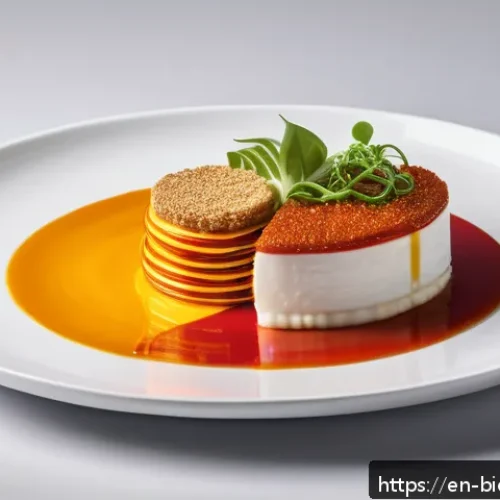 Home 32 바이오프린팅과 식품 산업의 융합 가능성 - A hyper-realistic close-up of a multi-layered gourmet 3D printed meal on a sleek white plate, featur...