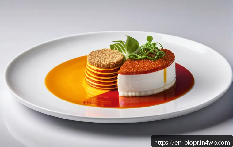 바이오프린팅과 식품 산업의 융합 가능성 - A hyper-realistic close-up of a multi-layered gourmet 3D printed meal on a sleek white plate, featur...