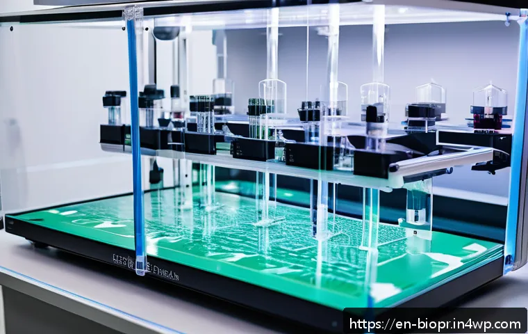바이오프린팅 관련 주요 기업 및 스타트업 소개 - A futuristic bioprinting laboratory scene showcasing a multi-material bioprinter in action, simultan...