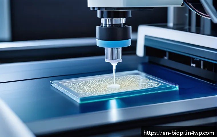 바이오프린팅의 시장 변화에 따른 전략 수립 - A futuristic bioprinting laboratory scene showcasing a high-tech 3D bioprinter fabricating a persona...