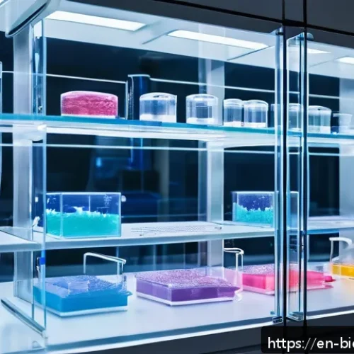 Home 17 바이오프린팅의 기술적 진보와 산업 변화 - A futuristic bioprinting laboratory showcasing a high-tech multi-material 3D bioprinter actively fab...