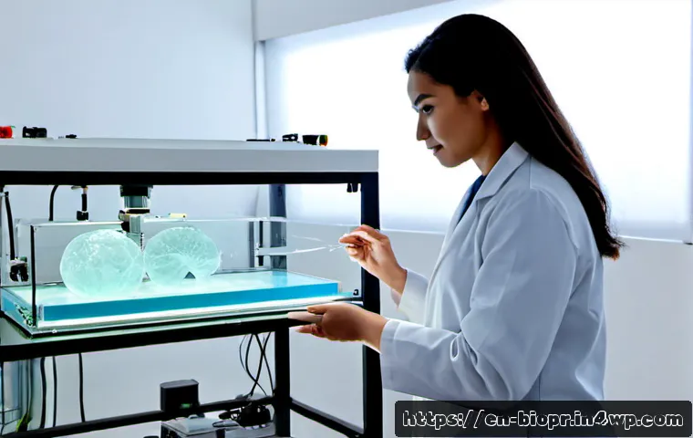 바이오프린팅의 글로벌 경쟁력 강화 전략 - Photorealistic advanced bioprinting research laboratory, diverse international scientists in clean w...