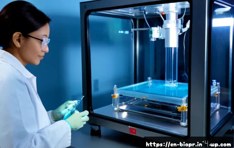 바이오프린팅 기술의 미래 비전 및 도전 과제 - Photorealistic biomedical research laboratory, diverse adult scientists in clean protective coats ob...