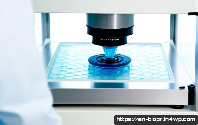 바이오프린팅의 연구개발 동향 및 전망 - Photorealistic biomedical research laboratory, close view of a precision bioprinter depositing trans...